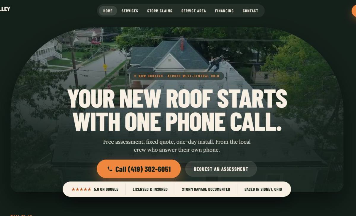 Prairie Valley Roofing website homepage with navigation, hero image of completed roof installation, and call-to-action buttons in Sidney