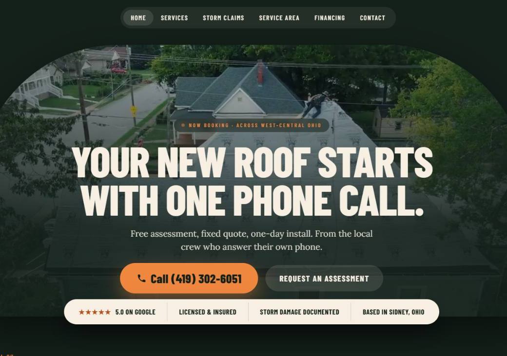Prairie Valley Roofing website homepage with navigation, hero image of completed roof installation, and call-to-action buttons in Sidney, OH