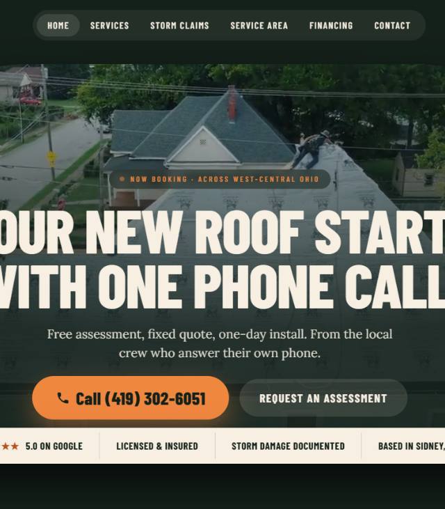 Prairie Valley Roofing website homepage with navigation, hero image of completed roof installation, and call-to-action buttons in Sidney